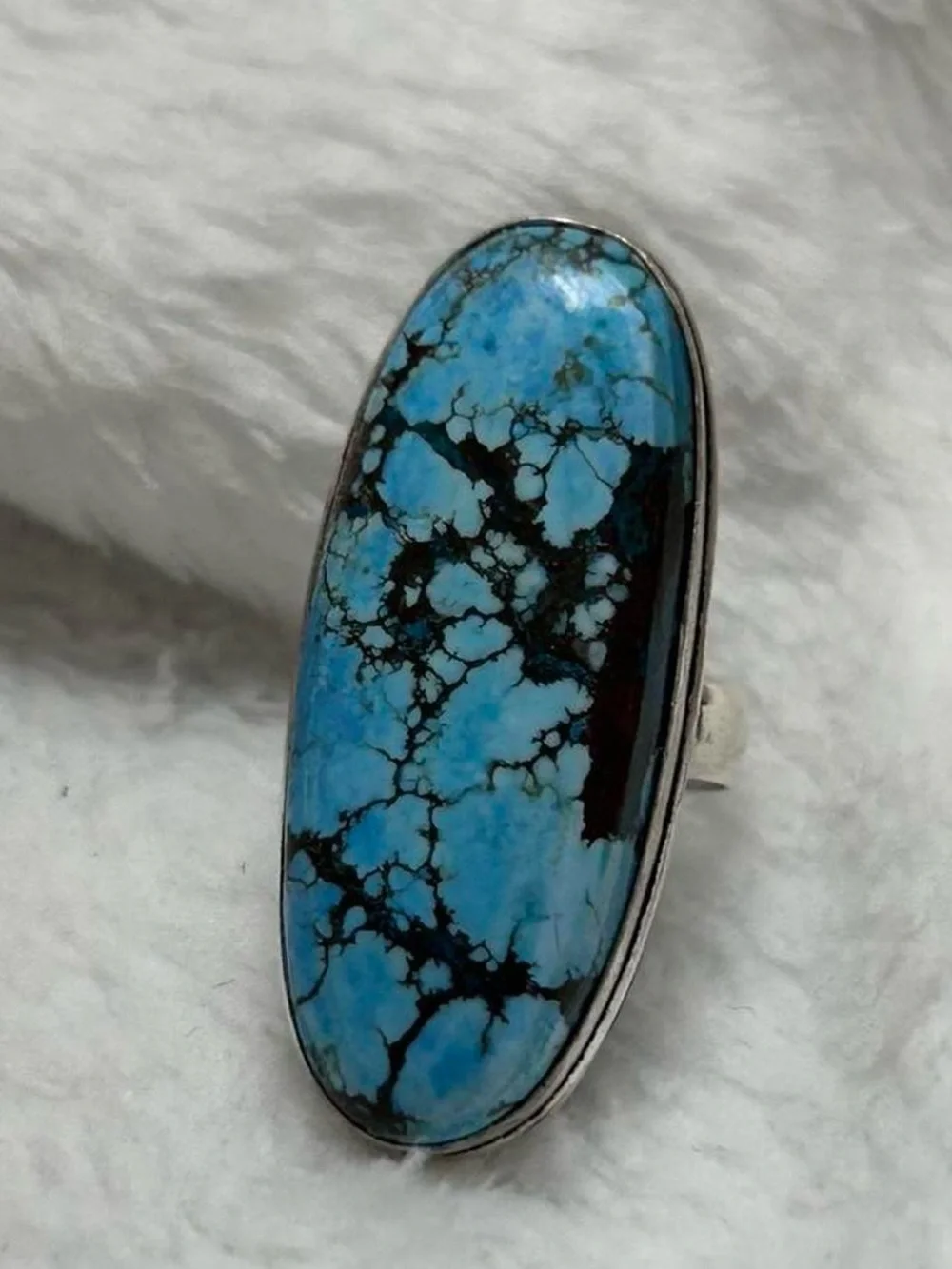 925 Silver Blue Turquoise Oval Statement Ring - Women Jewelry
